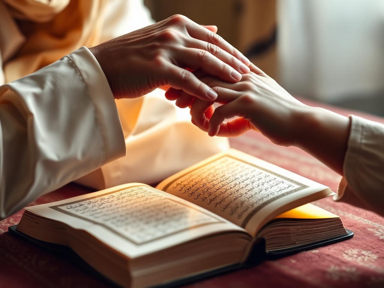 Teacher guiding a student over an open Quran